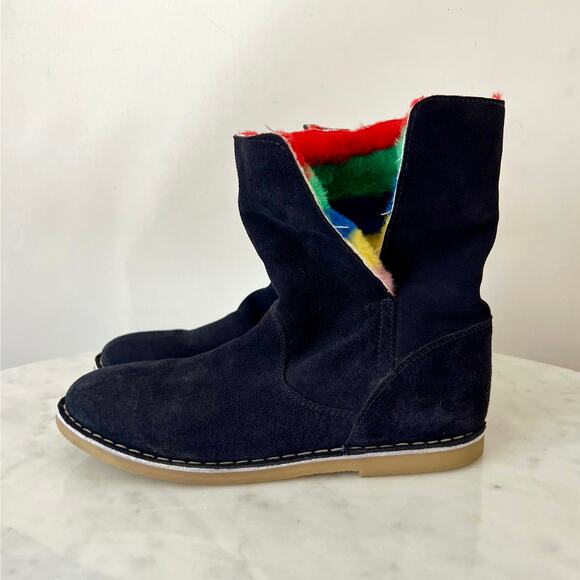 Mini Boden Black Suede Ankle Boots with Multi Colored Striped Faux Fur Lining - Picture 4 of 10